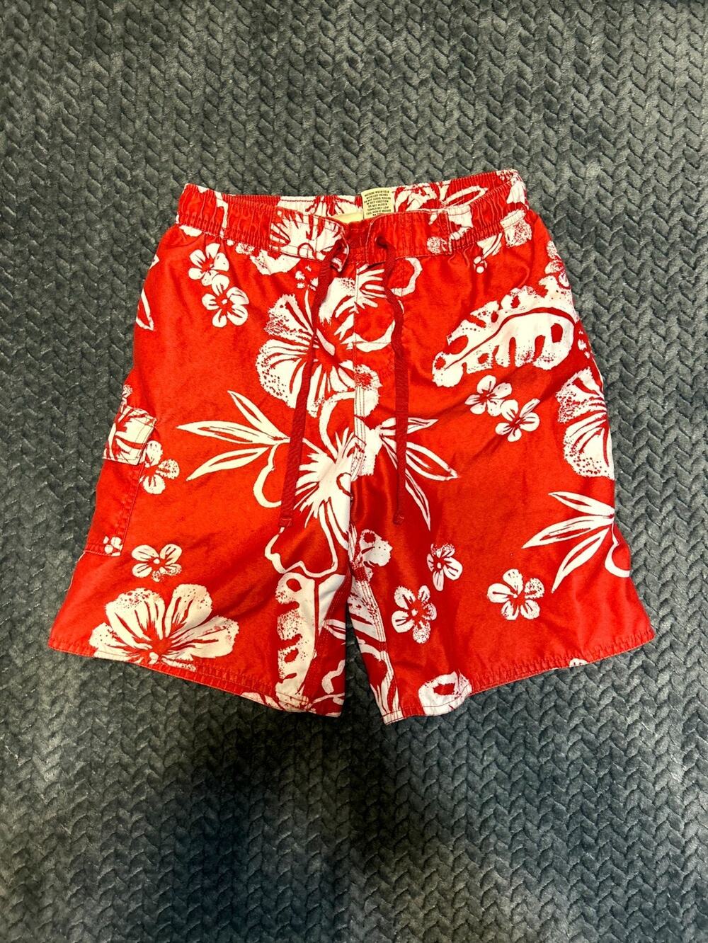 VTG L.L. Bean Board Shorts Boys 10 Red White Tropical Print Swimwear Drawstring